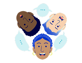 Ilustración de tres personas hablando y compartiendo sus preguntas sobre el Tamizaje Genómico Neonatal de SURA